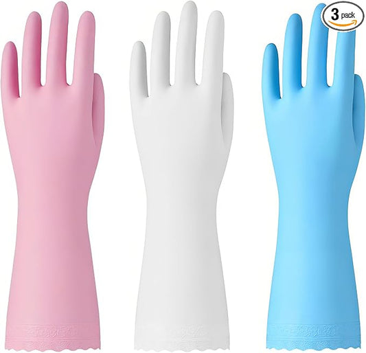 Bamllum Kitchen Cleaning Gloves, Latex-Free, Cotton Flocked Liner, Large | 3 Pairs of Reusable Dishwashing Gloves with a Textured Non-Slip Grip, in Pink, White and Blue