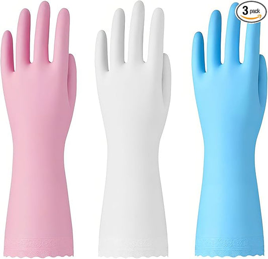 Bamllum Kitchen Cleaning Gloves, Latex-Free, Cotton Flocked Liner, Small | 3 Pairs of Reusable Dishwashing Gloves with a Textured Non-Slip Grip, in Pink, White and Blue