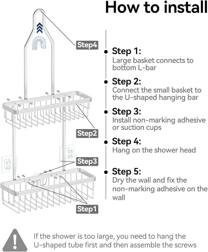 Never Rust Shower Caddy Hanging, Aluminum Shower Racks for Inside Shower, 2-Tier Shower Organizer Hanging Over Shower Head with Hooks and Soap Holder, Silver