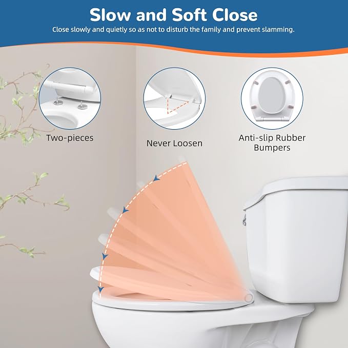 Universal Round Toilet Seat Soft Close Cover, 4 PCS Toilet Bolts, White | One-Click Quick-Release Toilet Seat Replacement with Bumpers, Compatible with TOTO, Gerber, Kohler, Never Loosen Slow Close