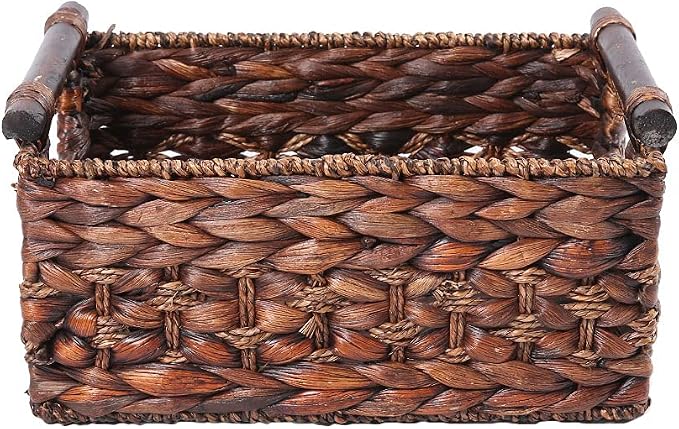 Water Hyacinth Wicker Storage Basket with Wood Handles, Medium | Rectangular dark brown woven rattan basket, for shelves, kitchen countertops, closet, holds magazines, toilet paper