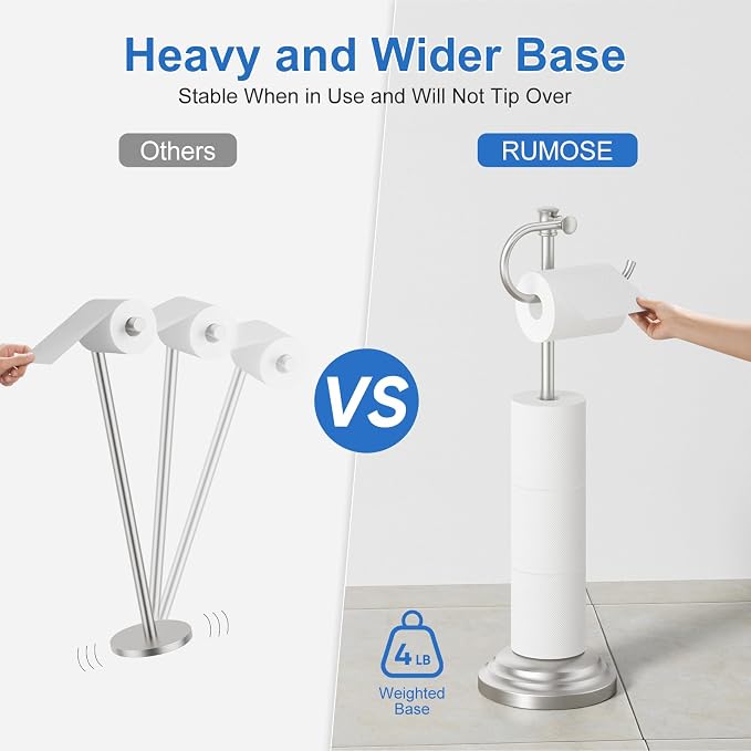 RUMOSE Toilet Paper Holder Stand for Floor Free Standing, Nickel | Bathroom Freestanding Toilet Tissue Roll Holder with Storage, Adjustable 17-25 Inch, Rustproof, SUS304 Stainless Steel