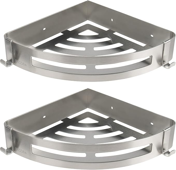 NearMoon Bathroom Shower Caddy 2 Pack, 304 Stainless Steel Shower Organizer with 2 Hooks, No Drill (Corner Shelf, Brushed Nickel)