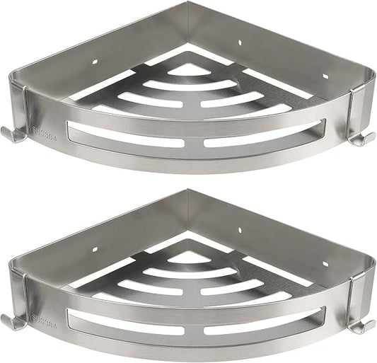 NearMoon Bathroom Shower Caddy 2 Pack, 304 Stainless Steel Shower Organizer with 2 Hooks, No Drill (Corner Shelf, Brushed Nickel)