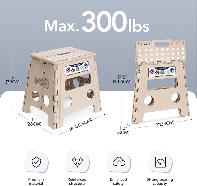 Delxo Folding Step Stool 13 Inch,300 Lbs Step Stool for Adults Khaki | Foldable Step Stool 13",Non-Slip Foot Stools with Handle,Lightweight Collapsible stools for Kitchen,Bathroom,Bedroom,Garden