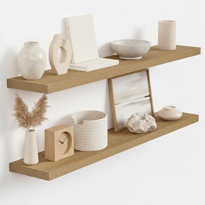 Vivelove Floating Shelves 9 inch Deep 40”Long Set of 2, Oak | Easy Install With Hardware, 1.5" Thick, Invisible Brackets, Wall Mounted, No Sagging, For Any Room