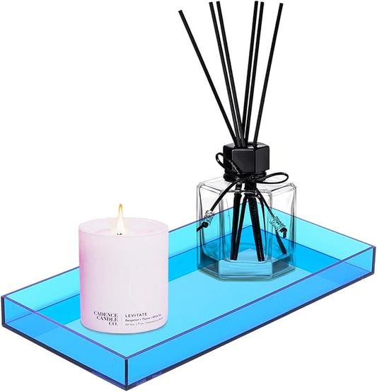 ROYALITA Acrylic Tray for Countertop, Guest Towel Holder Tray for Bathroom | Vanity Trays for Napkin Perfume Jewelry Makeup, Bathroom Tray for Soap Dispenser, Aromatherapy, Cup & Candle, Blue
