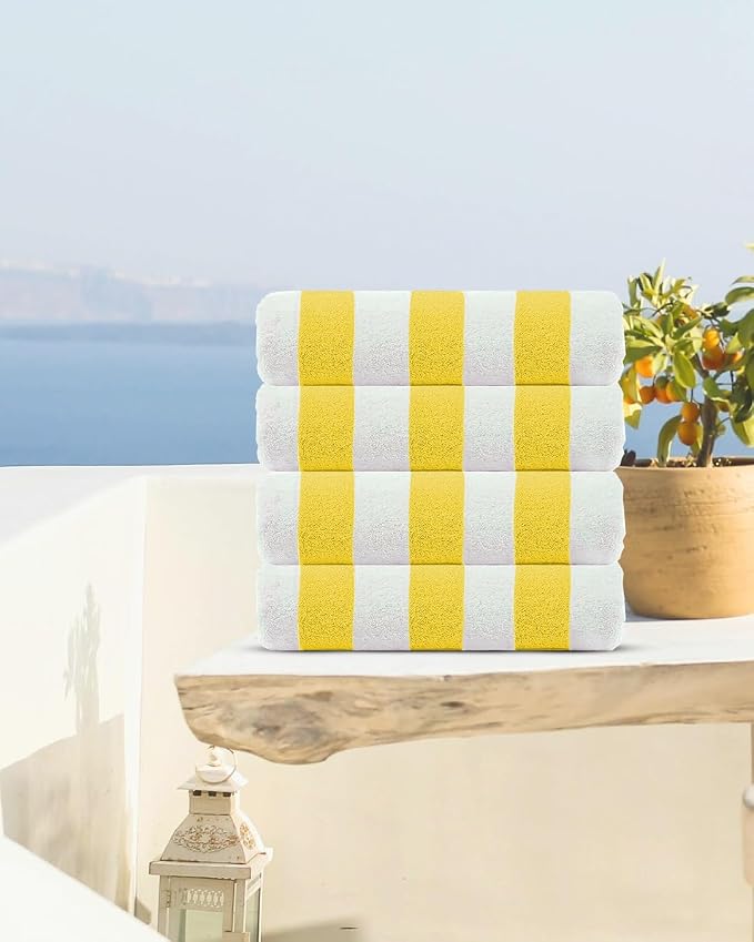 CASA COPENHAGEN Cabana Beach Towel Designed in Denmark Rough and Tough, Quick Dry, Beach, Pool, Bath & Shower 30x60 inches 4 Pieces Cotton Beach Bath Towels Set - Lemon
