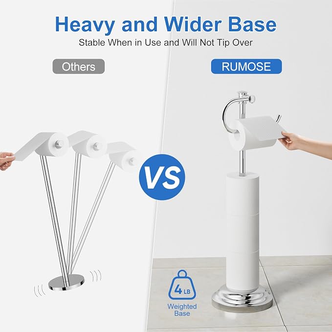 RUMOSE Toilet Paper Holder Stand for Floor Free Standing, Chrome | Bathroom Freestanding Toilet Tissue Roll Holder with Storage, Adjustable 17-25 Inch, Rustproof, SUS304 Stainless Steel