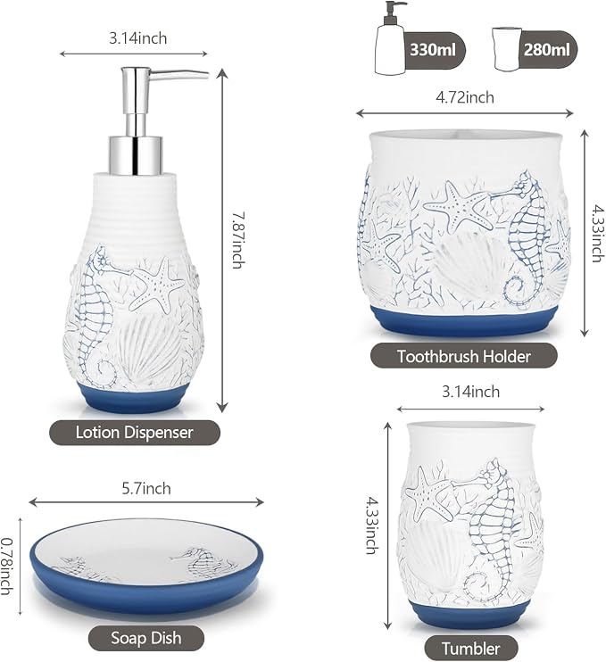 Beach Theme Bathroom Accessory Sets 4PCs Bathroom Set Complete Embossed Seashell Starfish Design Includes Lotion Dispenser Toothbrush Holder Tumbler Cup & Soal Dish