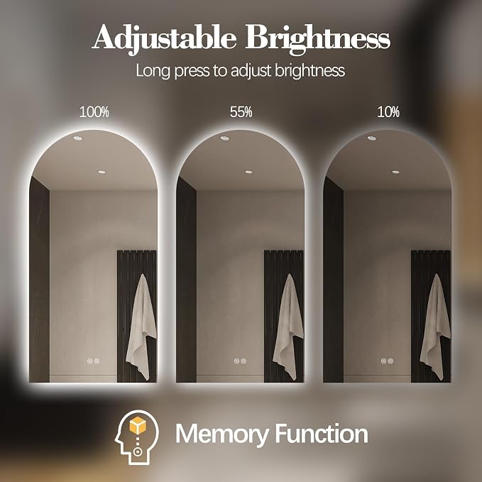 Arched LED Bathroom Mirror, 40"x24" Arch Framless Backlit Mirror with Lights Vanity Mirror for Makeup, Anti-Fog, Dimmable, 3-Color, Memory Function, IP65 Waterproof, UL Listed, Vertical