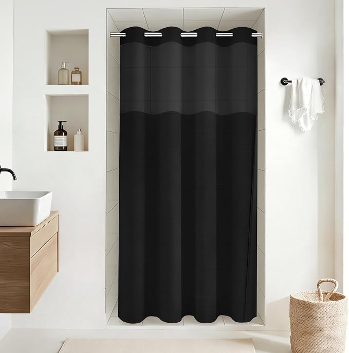 54x81 Ringless Linen Textured Shower Curtain with Snap in Liner, Black | Narrow Long Size, 3 in 1 Shower Curtain, Removable Liner, Waterproof & Washable, Mesh Top Window, Durable Fabric, Easy Setup