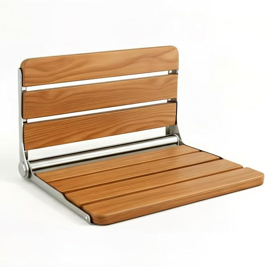Foldable Shower Seat Wall Mounted 16 in Wide, Teak Bench for Small Shower | Foldable Design, Shower Use