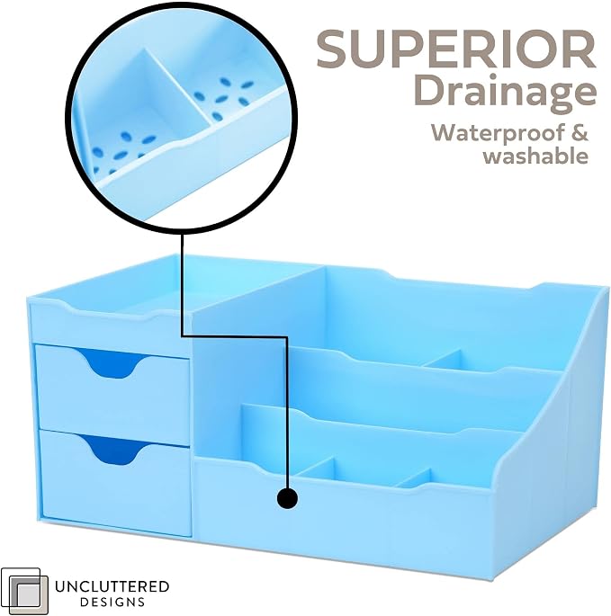 Makeup Organizer With Drawers - Modern Countertop Storage for Cosmetics - Chic Vanity Holder for Cologne, Skincare, Brush, Lipstick, Nail Polish Organization & Display (Blue)
