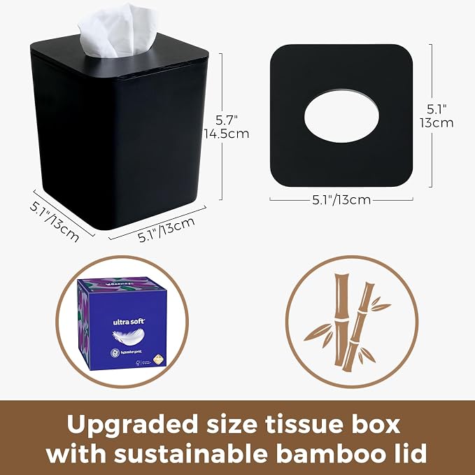 Tissue Box Cover Square, Black Facial Tissue Holder with Black Bamboo Lid | With Natural Bamboo Lid, Waterproof, Durable, Decorative, Fit Standard Cube Tissue Boxes, For Bathroom Bedroom Office Desk