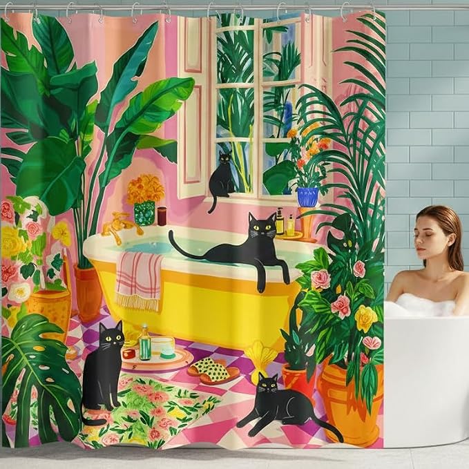 Accnicc Boho Cat Shower Curtain Cute Funny Black Cats Matisse Shower Curtains for Bathroom Green Tropical Plants Flowers Pink Yellow Decorative Waterproof Fabric Bath Curtain Decor 72 X 72 Inches