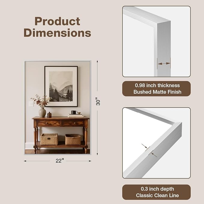 22"x30" Bruhed Nickel Rectangle Vanity Bathroom Mirror, Set of 2 | Aluminum Alloy Frame, Clear Reflection, Rust-Resistant, Vertical or Horizontal, Wall Mount, Bedroom and Entryway