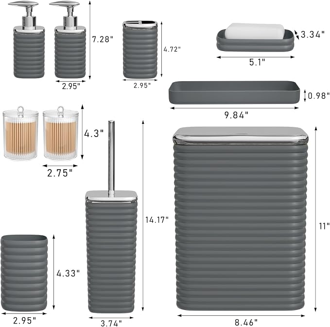 Bathroom Set - 10PC Bathroom Accessory Set, Grey Bathroom Set, Luxury Bathroom Accessories Set, Trash Can, Toilet Brush, Soap Dish, Qtip Holder & Soap Dispenser