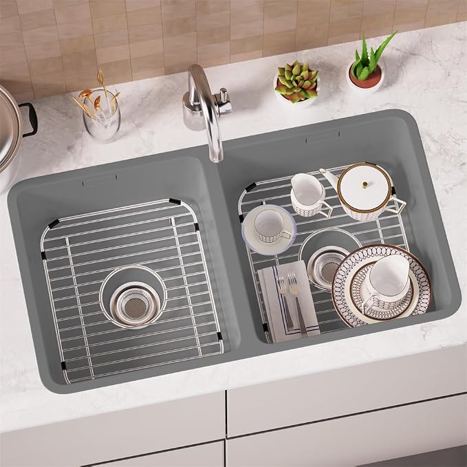 SANNO Sink Rack, Sink Protector for Kitchen Sink, Bottom Grid Rack Center Drain, Stainless Steel, 2pcs 11.5" x 13.8"