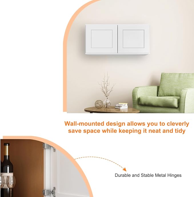 ROOMTEC Wood Wall-Mounted Cabinet,Bathroom Medicine Cabinet with 2 Soft-Close Doors,Laundry Storage Cabinet for Bathroom,Kitchen,Living Room 12" D*36" W*15" H,Shaker White