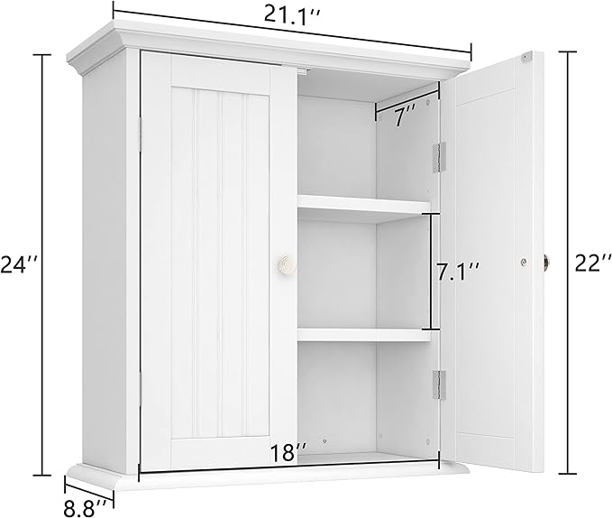 ChooChoo Bathroom Wall Cabinet with 2 Doors, Over The Toilet | 8.8"D x 21.1"W x 24"H, Medicine Cabinet, Adjustable Shelves, Cupboard, White