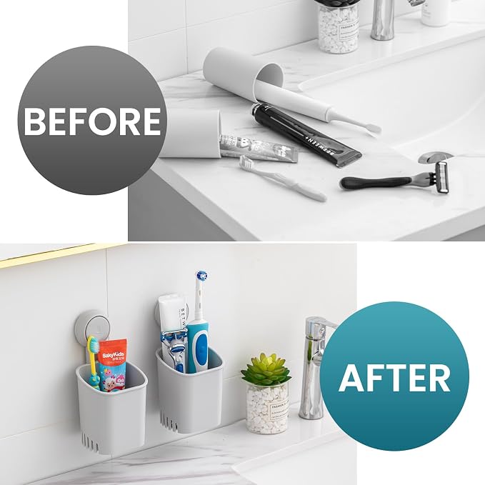 TAILI Suction Cup Toothbrush Holders for Bathroom Wall 2Pack, Gray | Shower Toothbrush and Toothpaste Holder, Drill-Free 1S Installtion, Removable Powerful Suction Cup Organizer, Self-draining
