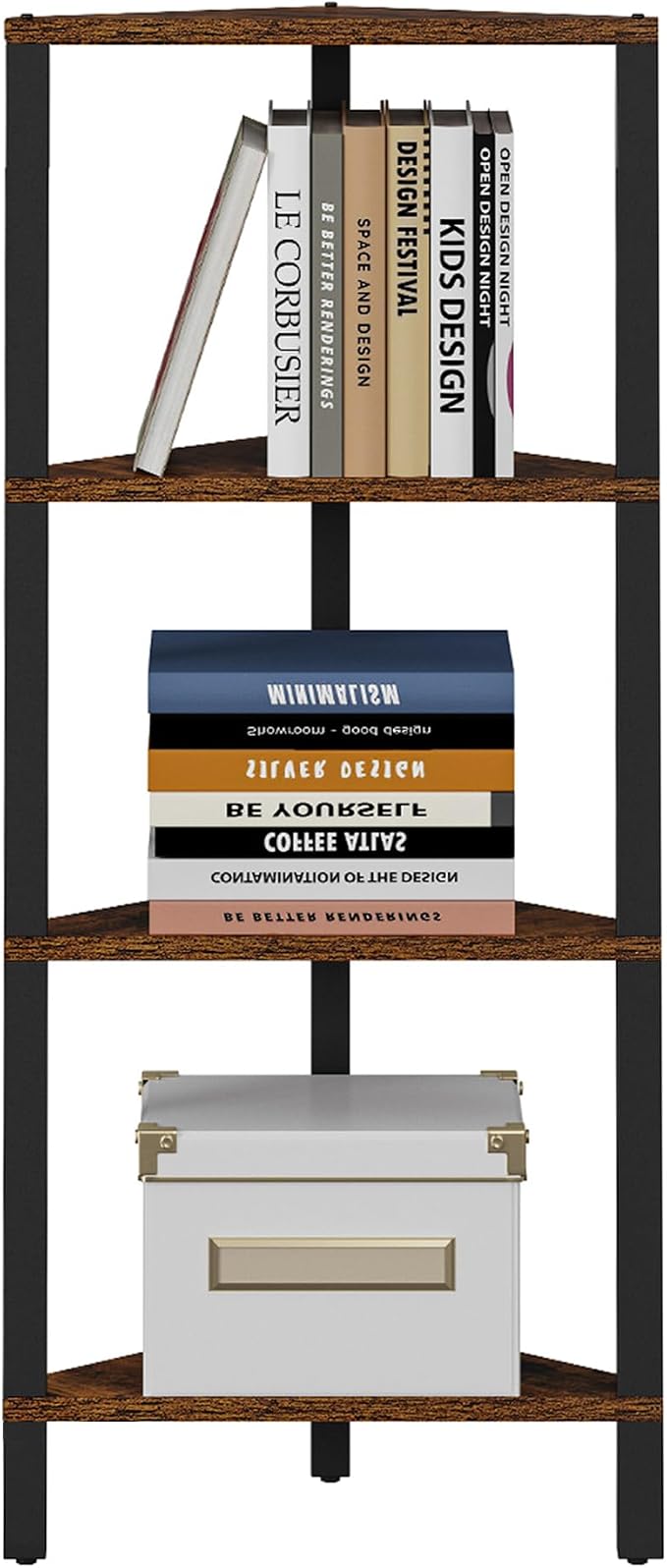 TUTOTAK Corner Shelf, 4-Tier Corner Bookshelf for Small Space | Narrow Display Corner Shelf Stand with Storage Rack, for Living Room, Bedroom, Rustic Brown BS05BB004