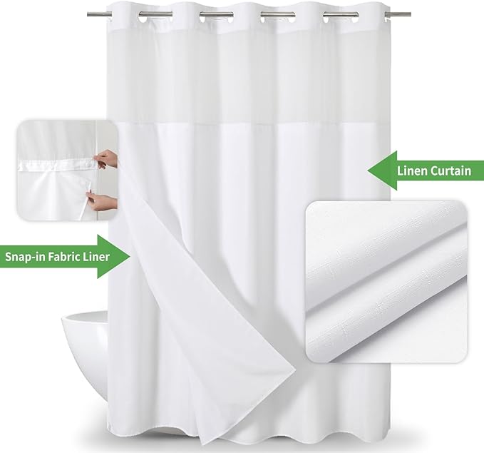 eachope No Hook Linen Texture Shower Curtain with Snap-in Liner,71x80 White | 230GSM Thick Fabric,Hotel Luxury Decor,Mesh Top Window,Magnetic Weighted Hem,Waterproof & Machine Washable,for Bathroom