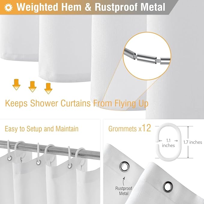 72x90 Linen Textured Waterproof Thick Fabric Shower Curtain Set, White | Long Size, 230GSM Polyester, Heavy Duty Cloth, Weighted Hem, 12 Plastic Hooks, Modern Luxury Hotel Style, Machine Washable
