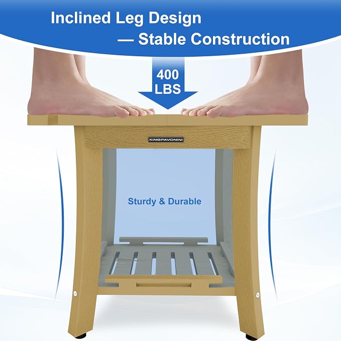 KingPavonini HDPS 18.6'' Shower Bench for Inside Shower, Bamboo M | Waterproof Shower Stool for Shaving Legs, 400 lb, Bathroom Chair Seat with Storage Shelf, for Tub/Outdoor Use, Quick Assembly