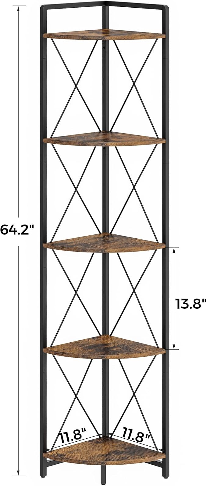 5 Tier Corner Shelf Stand, 64" H Tall Corner Bookshelf, Rustic Brown | Industrial Metal Corner Shelf for Living Room Decor, Plant Stand Display Shelf for Bedroom, Bathroom, Small Spaces