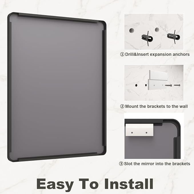 40x36 Inch Black Framed Bathroom Mirror for Wall, Black Metal Framed Mirror, Rounded Rectangle Bathroom Vanity Mirror, Anti-Rust, Shatterproof (Horizontal/Vertical) | Black Metal Framed Mirror, Rounded Rectangle Bathroom Vanity Mirror, Anti-Rust, Shatt...
