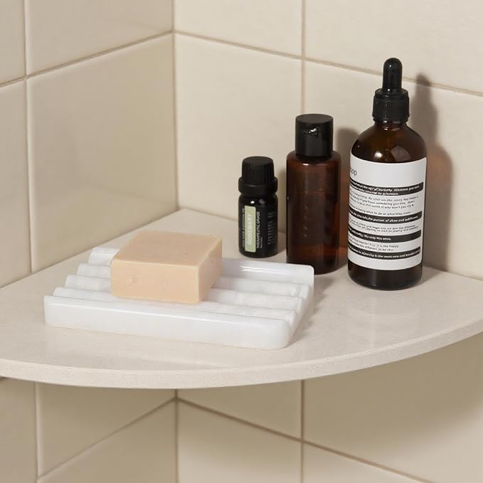 African Natural Marble Soap Dish for Shower, Stone Soap Tray for Bathroom, Bar Soap Holder for Sink, Stripe Grooves Soap Saver Stone Dish Keep Bars Dry Easy Clean (Namib Bianco)