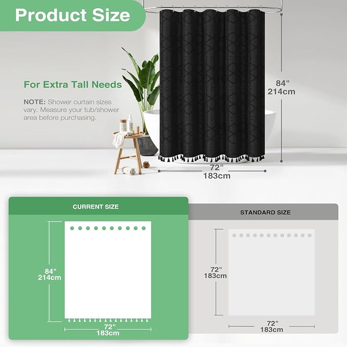 Extra Long Boho Fabric Shower Curtain Tufted Geometric 72x84 Black | 84 Inch Tall, Elegant Tassel, Lightweight Textured Fabric, Water Repellent, Washable, Hotel Spa, for Bathroom/Dorm 12 Hooks