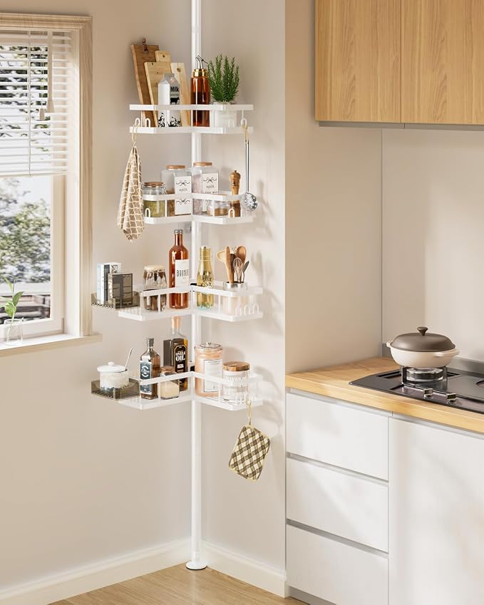 Corner Shower Caddy Tension Pole, 25.7-109.1in Adjustable Shower Shelves, Rust-Resistant Shower Organizer, No-Drill 3-Step Installation, Bathroom Shelves for Renters & Family, White