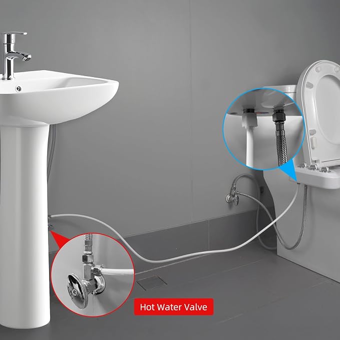 Hibbent 117 Inch Hot Water Bidet Hose Replacement with Metal 9/16''-9/16''-1/4'' or 3/8''-3/8''-1/4'' Bidet T-Adapter, 3-Way Tee Connector for Toilet Bidet Attachment