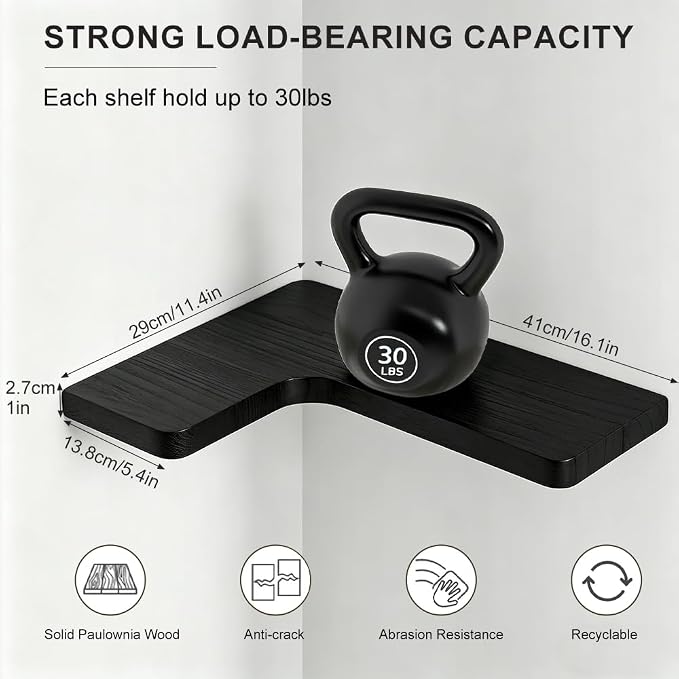 Floating Corner Shelves, Wall Shelf Set of 3, Shelves for Wall Storage, Solid Wood Shelves for Storage, Wall Mount Wooden Display Shelf for Bathroom Bedroom Kitchen Garage (Black 3 Pcs)