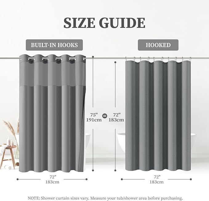 Grey Ringless Linen Textured Shower Curtain with Snap in Liner, 72x75 | 3 in 1 Hotel Shower Curtain Set, Removable Liner, Waterproof & Washable, Mesh Top Window, Durable Fabric, Easy to Install