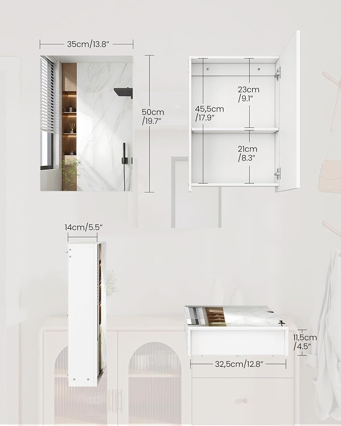 Bathroom Medicine Mirror Cabinet, 13.8'' x 19.7'', Wall-Mounted Bathroom Vanity with Mirror, Bathroom Medicine Cabinet with Storage Function, Hanging Storage Cabinet, Adjustable Shelves, White