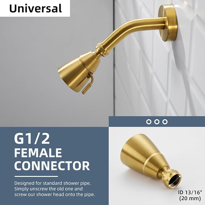 Angle Simple High Flow Shower Head Adjustable, G 1/2, Brushed Dark Gold | Brass, High Pressure Shower Sprayer for Outdoor, Adjustable Angle and Water Flow, No Flow Restrictor, Easy to Wash Clean