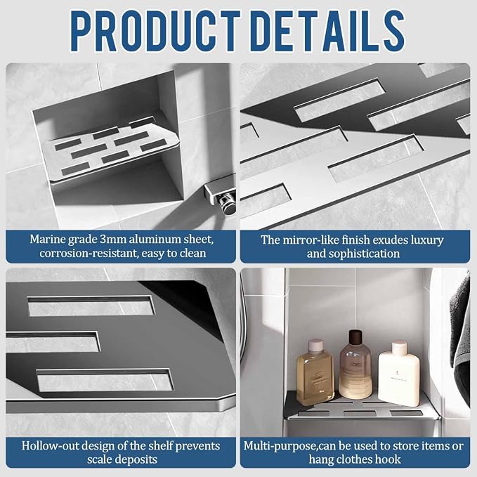 12 Inch Shower Niche Shelf Mirror Effect 316 Stainless Steel Tile Insert | Rectangular Shelf For 12 Inch Tile Prefabricated Niches, Fits 1/8 Inch Grout Lines, Shower Niche Insert Mirror Effect 316 SS