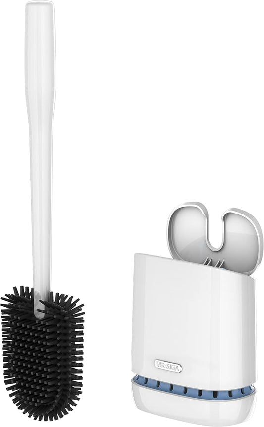 MR.SIGA Toilet Bowl Brush and Holder, Wall Mounted Toilet Brush, White | Automatic lid design, sturdy handle, upgraded ventilation, flat rubber head dries quickly