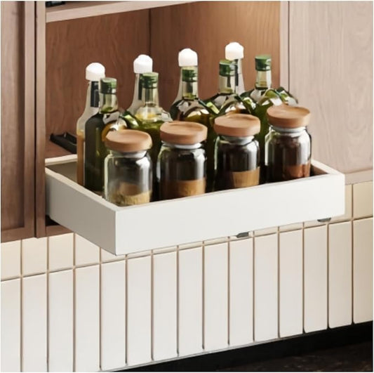 Fokyfok Pull out Cabinet Organizer,11"-18"W，10"-13"D,Expandable,Adhesive | No Drill,Upper Cabinet,Adjustable Slide out Drawers for Pantry,Roll out Shelves Short,Framless Cabinets,Kitchen,White,1PC