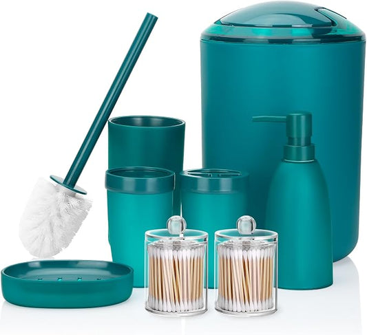 OTOSTAR Bathroom Accessory Set 8 Pcs Blue Bathroom Accessories Set Bathroom Set with Trash Can Soap Dispenser Toothbrush Holder Tumbler Soap Dish Toilet Brush Holder Qtip Holder (Blue)
