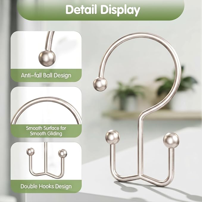 OEH Shower Curtain Hooks, Metal Shower Curtain Rings, Decorative Shower Curtain Hooks Rust Proof, Double Shower Rings for Curtain, Easy Install Shower Hooks for Shower Curtain (Nickel, 12 Pack)