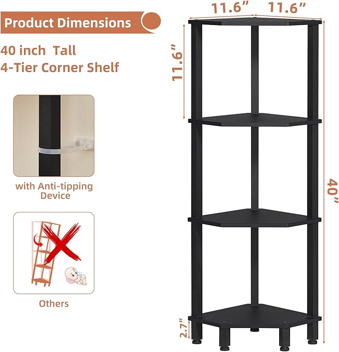 YUFAM 4-Tier Corner Shelf, Black | Wooden Corner Bookshelf for Small Spaces, Corner Standing Shelf with Sturdy 5-Leg Base