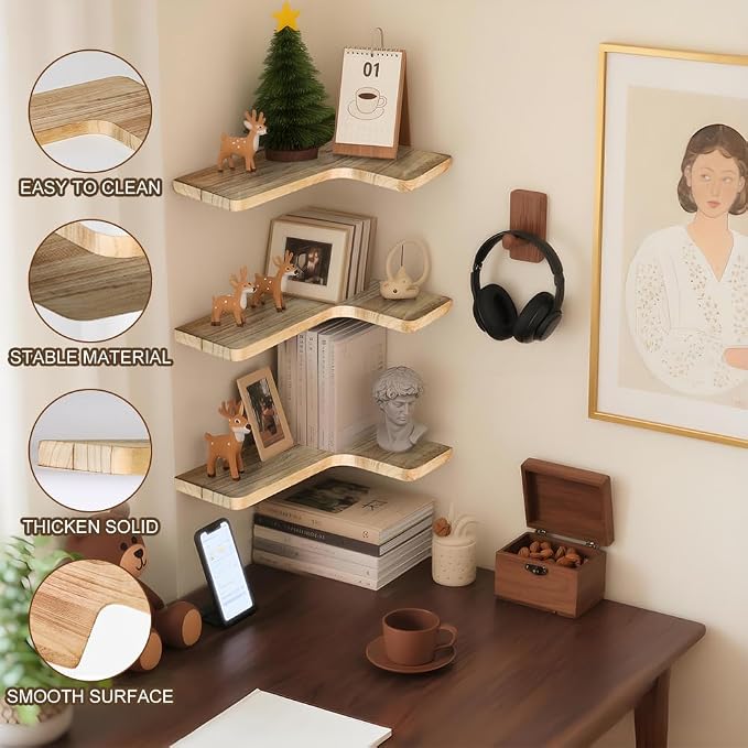 Floating Corner Shelves, Wall Shelf Set of 2, Shelves for Wall Storage, Solid Wood Shelves for Storage, Wall Mount Wooden Display Shelf for Bathroom Bedroom Kitchen Garage (Light 2pcs)