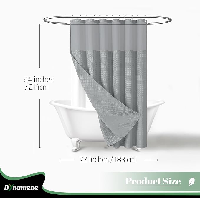Extra Long Shower Curtain, 84 Inch Long Waffle Fabric Shower Curtain for Bathroom, Tall Waterproof Cloth Shower Curtain Liner Set with Hook, Snap in Liner, Mesh Top Window, Dark Grey, 72x84