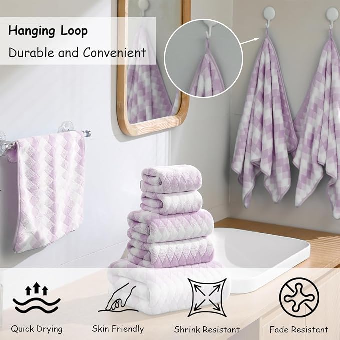 12 Pcs Light Purple Diamond Towel Set-4 Bath Towels,4 Hand Towels,4 Washcloths Soft Polyester Bath Towel with Loop Absorbent Shower Towel Quick Dry Family Towels for Bathroom Spa Gym