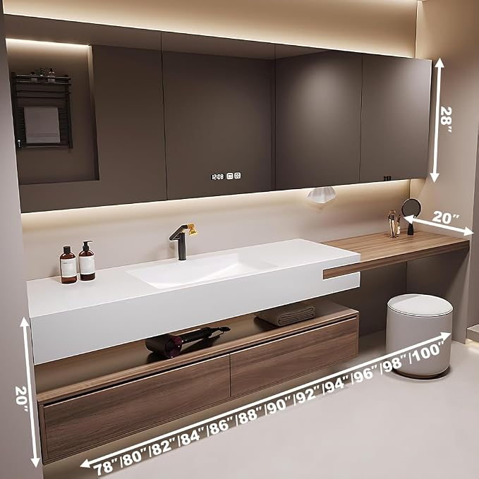 96 in Bathroom Vanity with Sink - Modern Floating Solid Wood Bathroom Sink Cabinet, Smart LED Mirror Cabinet, Durable Sintered Stone Countertop, Large Soft-Close Drawers, Includes a Stool